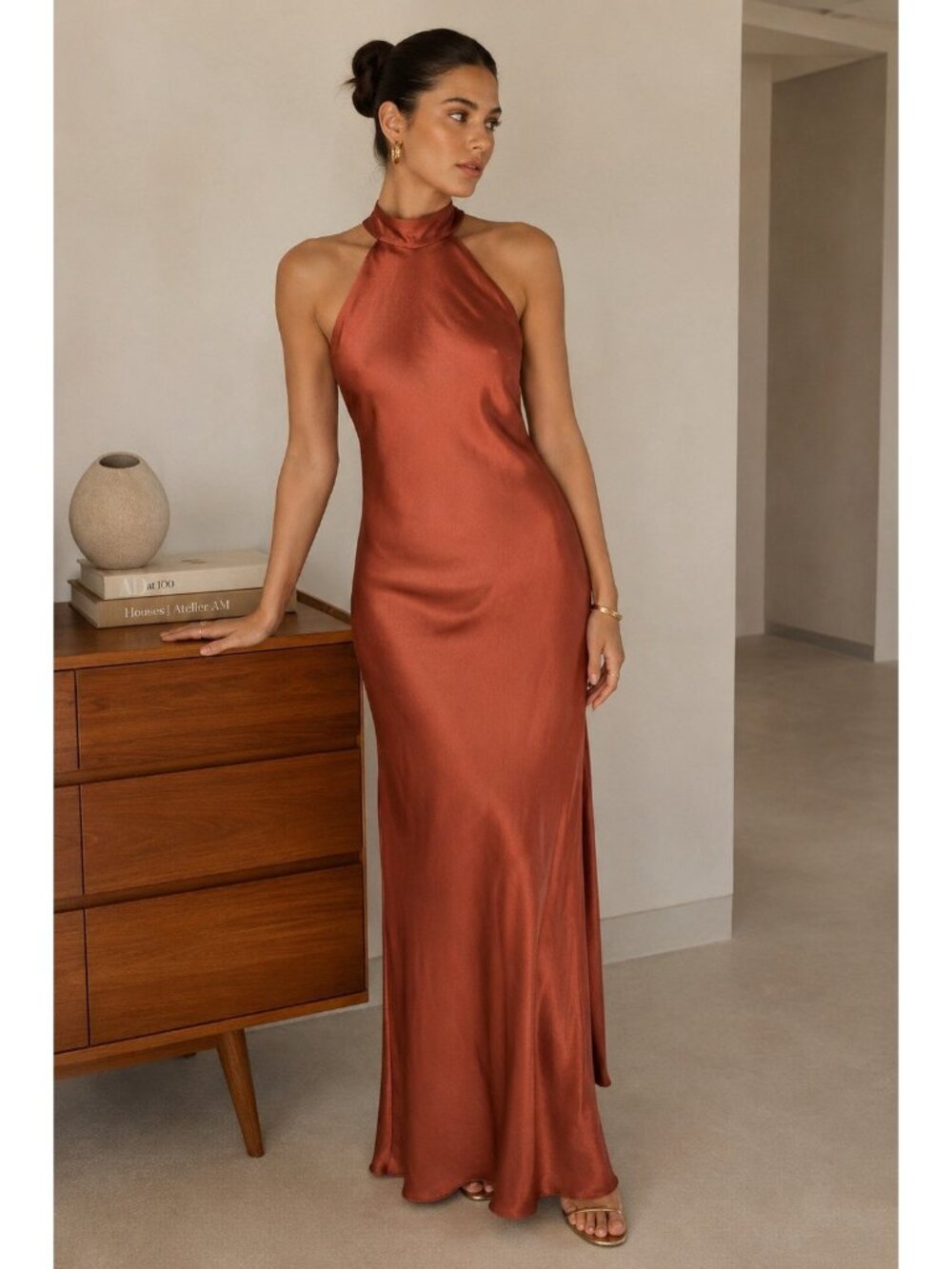 Lulus Love In Your Life Maxi Dress Sz Medium Rust Brown Satin Halter Gown Boho